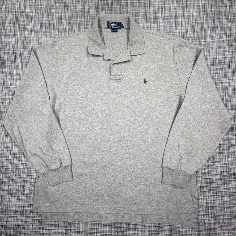 Polo Ralph Lauren Mens Long Sleeve Polo Shirt Gray Cotton Pony Logo Size L